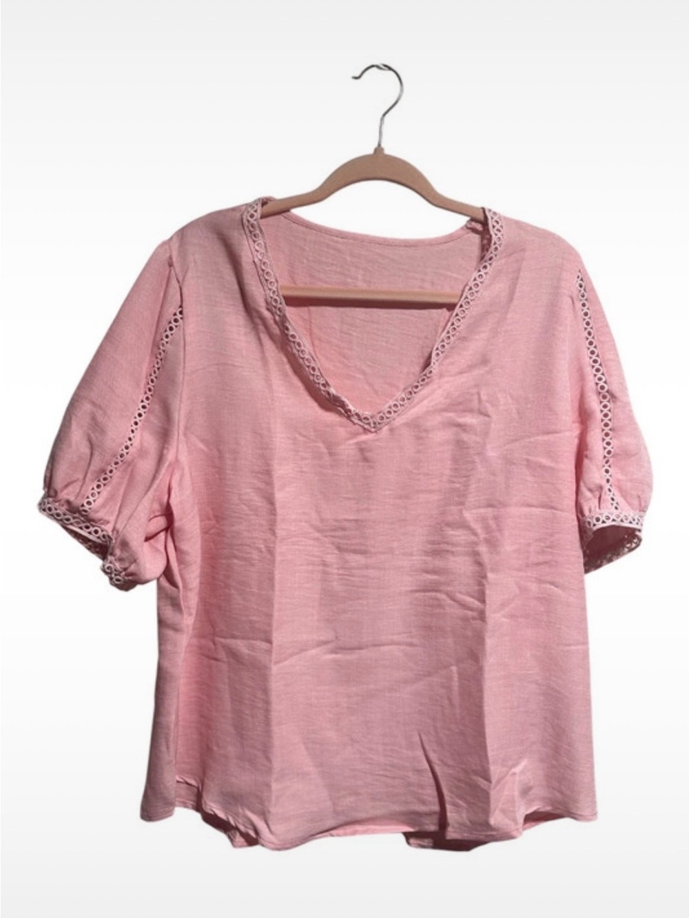 Light Pink V-Neck Lace Trim Women's Top